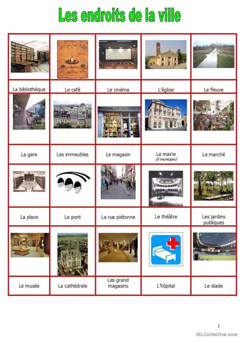 Les endroits de la ville dictionnair Français FLE fiches pedagogiques