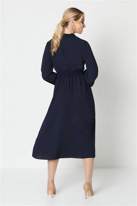 Dresses Navy Shirred Waist Tie Neck Midi Dress Dorothy Perkins