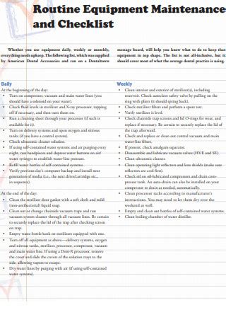 Sample Equipment Maintenance Checklist - 9+ IN PDF