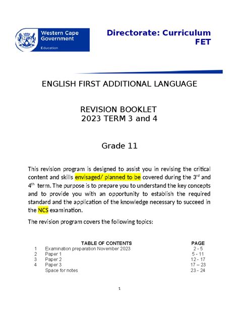 EFAL Grade 11 Revision Term 3 And 4 Directorate Curriculum FET