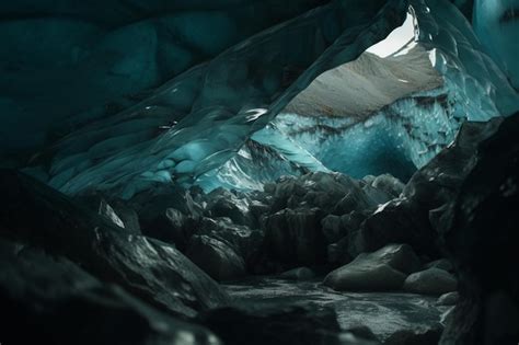 Premium Photo | A dark cave with a blue ice cave and the word ice on it