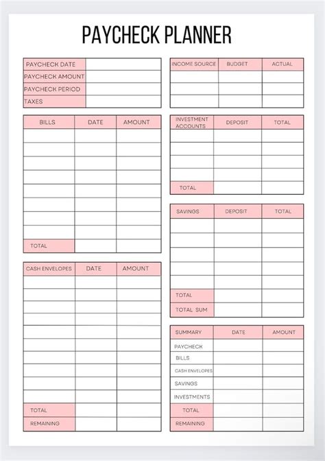 A Printable Pay Sheet With The Words Paycheck Planner In Pink On It