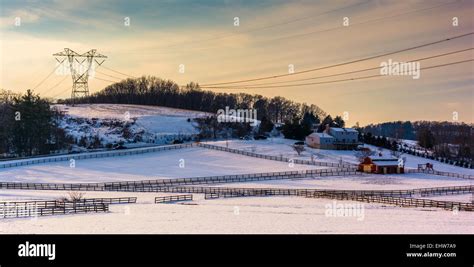 View Of Snow Covered Farm Fields And Rolling Hills In Rural Carroll