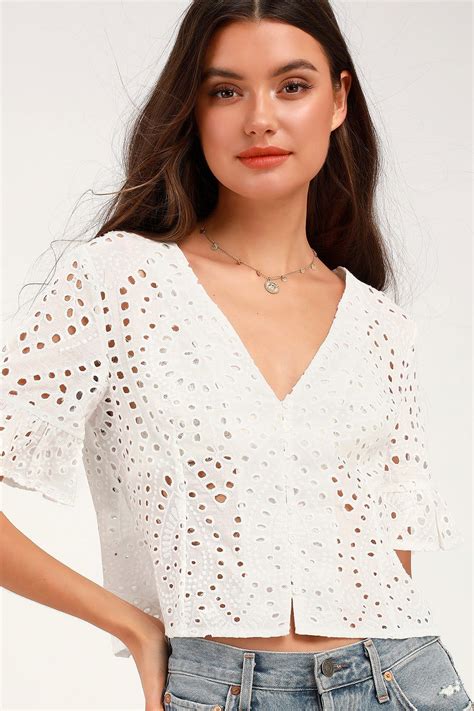 Cute White Crop Top Eyelet Crop Top Ruffle Sleeve Crop Top Cotton