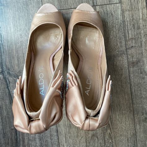 Aldo Shoes Aldo Satin Nude Crystal Bow Peeptoe Pumps Size With