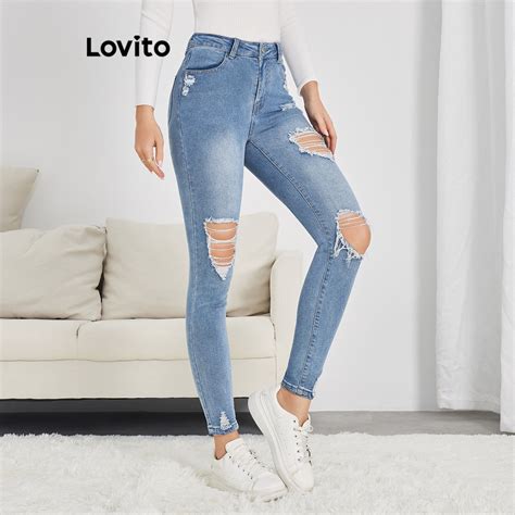 Lovito Jeans Casuais Rasgados E Lavados Bigodes De Gato Lisos Para