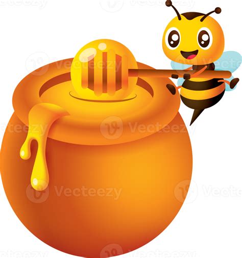 Cartoon Cute Bee Carrying Honey Dipper To Take Honey From Honey Pot