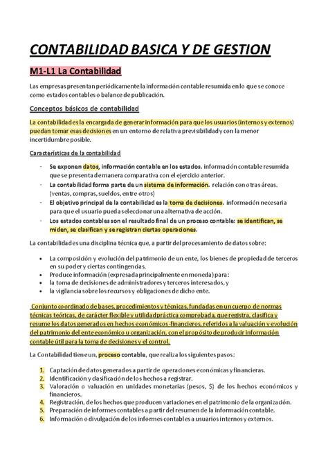 Resumen Er Parcial Manolo Contabilidad Basica Y De Gestion M L La