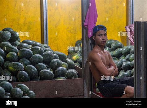 young cambodian man sells watermelons   main wholesale vegetable