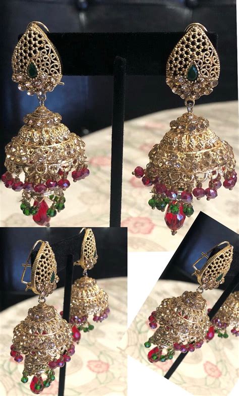 Handmade Indian Pakistan Jewelry Hoop Earrings Jhumki Jhumka Pearl Bead