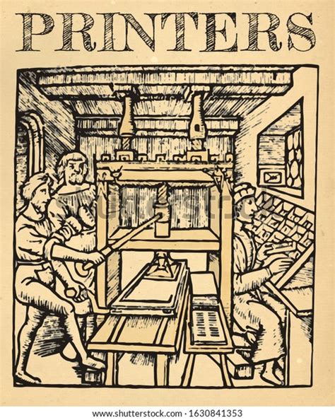 16th Century Printing Press Colorized Woodcut 스톡 일러스트 1630841353