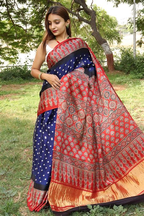 Aakarik Ajrakh Modal Silk Saree Bandhani Modal Silk Saree