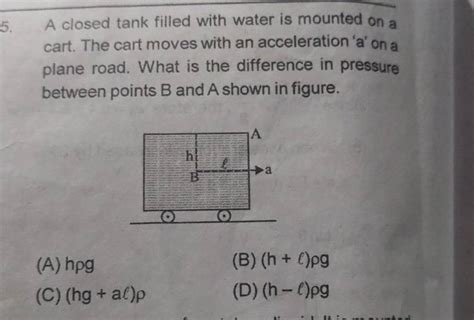 A Closed Tank Filled With Water Is Mounted On A Cart The Cart Moves With