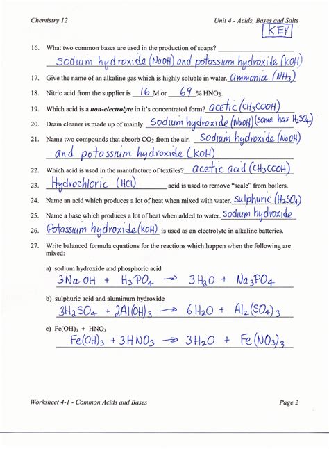 Acid Base Chemistry Worksheet