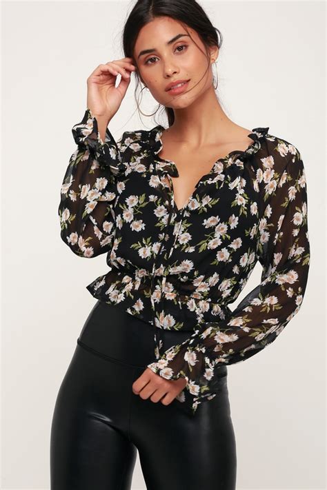 Cute Black Floral Top Sheer Floral Top Long Sleeve Top Lulus