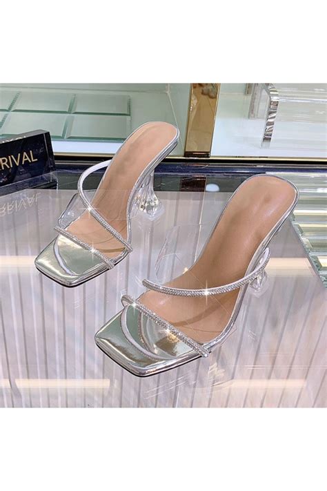 TrendyAnka Kadın Gümüş Nude Beyaz Taba cm Şeffaf Topuklu Taşlı Küt Kare Burunlu Stiletto