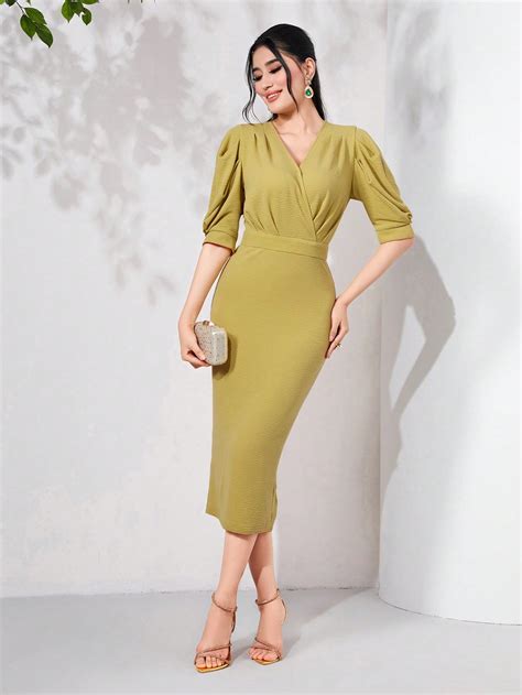 Shein Modely Surplice Neck Puff Sleeve Split Back Dress Shein Usa