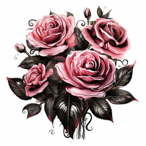 Hay Un Dibujo De Un Ramo De Rosas Rosadas Con Hojas Ai Generativa