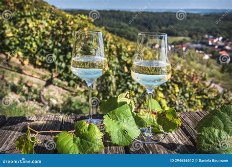 Two Glasses Of White Wine On A Wooden Table In The Vineyard Stock Photo