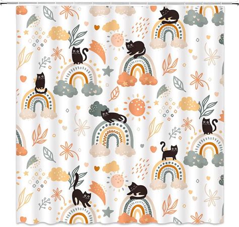 Spxubz Boho Rainbow Shower Curtain Black Cat Mid Century Modern