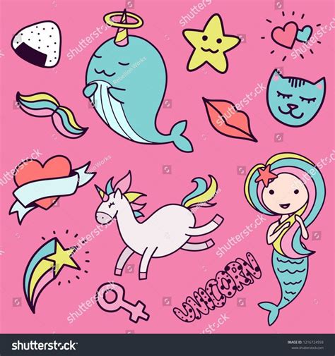 Mermaid And Unicorn Stickers On Pink Background