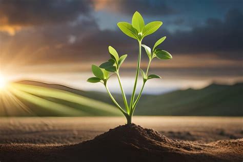 Una Planta Que Crece En La Arena Al Atardecer Foto Premium