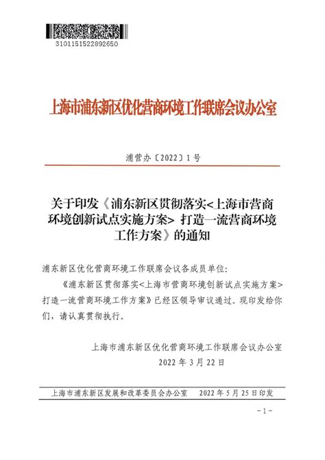 关于印发《浦东新区贯彻落实 打造一流营商环境工作方案》的通知 请示