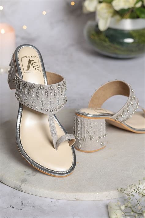 Buy Silver Bead Sitarah Crystal Embroidered Kolhapuri Block Heels By