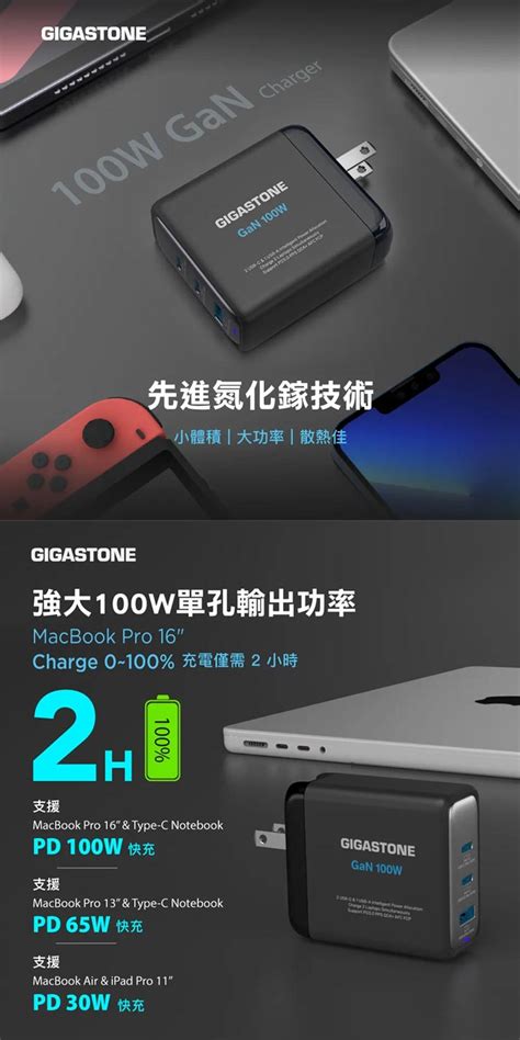 【gigastone 立達】pdqc 100w氮化鎵三孔快充組 Pchome 24h購物