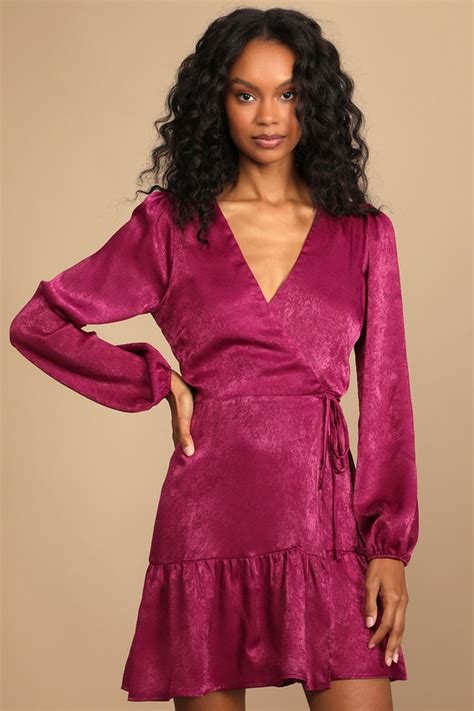 Magenta Purple Satin Dress Wrap Dress Satin Mini Dress Lulus