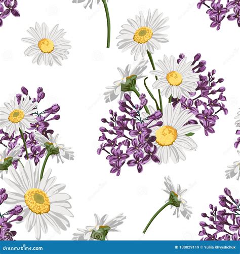 Seamless Pattern With Chamomile Camomile Leaves And Lilac Flowers