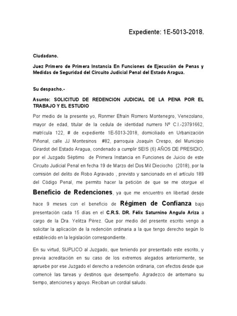 Solicitud De Redencion Judicial De La Pena Por El Trabajo Y El Estudio