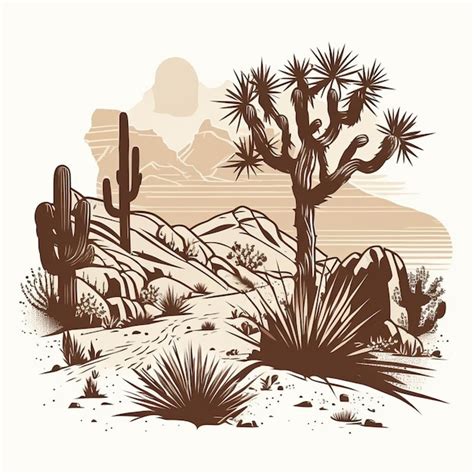 Un dibujo de una escena del desierto con árboles de cactus y rocas ai