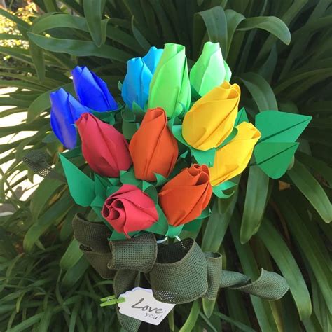 Rainbow Origami Roses Bouquet Paper Flower Arrangement Pride Etsy Paper Flower Arrangements