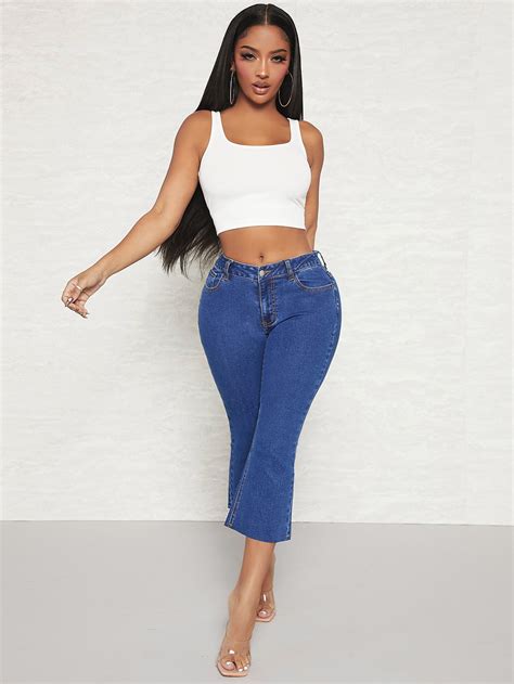 Shein Sxy Slant Pocket Flare Leg Capri Jeans Shein Uk
