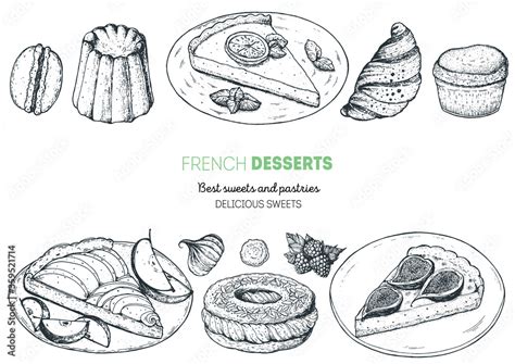 French desserts set with macaron, canele, lemon pie, croissant, apple pie, paris brest, fig cake ...