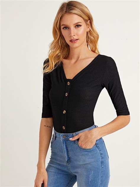 V Neck Button Front Rib Knit Tee Knit Tees Rib Knit Types Of Sleeves