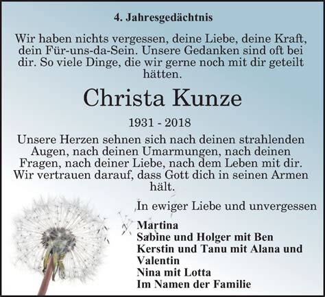 Traueranzeigen Von Christa Kunze Trauer In Nrw De