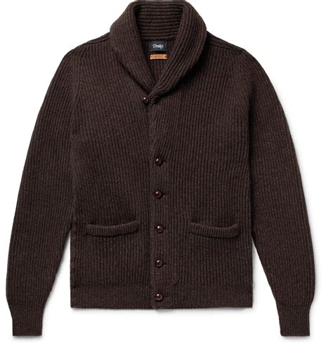 Drakes Slim Fit Shawl Collar Ribbed Wool Cardigan In Brown For Men Lyst