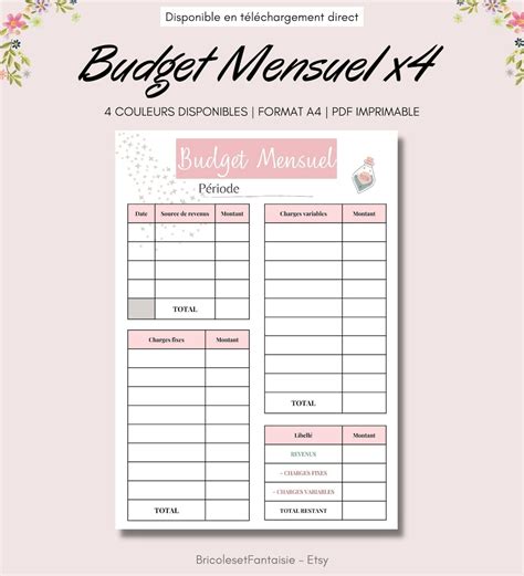 Template Fiches Budget Mensuel Imprimable Couleurs Template Etsy France