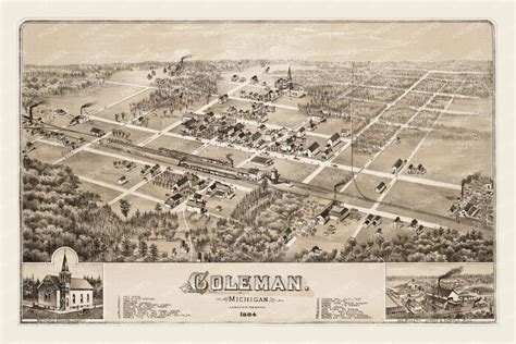 Beautiful Old Map Of Coleman Michigan From 1884