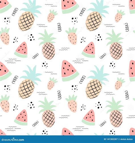 Seamless Tropical Pattern With Pineapple Watermelon Strawberry