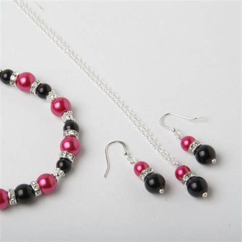 Black And Hot Pink Bridesmaid Jewelry Set Pearl Earrings And Necklace