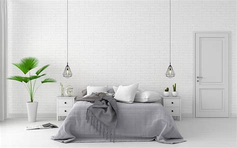 Stylish light bedroom, modern interior design, white brick wall in the ...