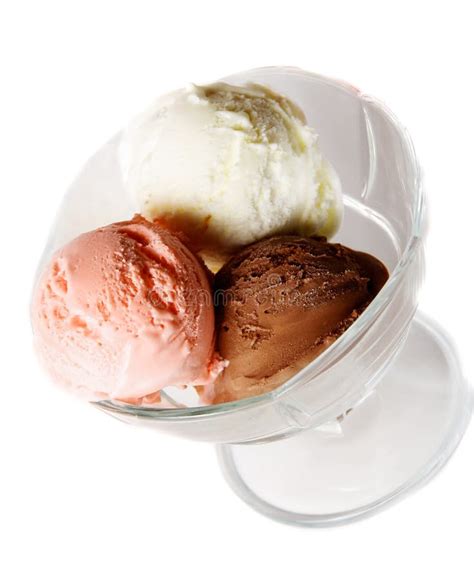 Three Scoops Of Chocolate Strawberry And Vanilla Ice Cream In G Stock