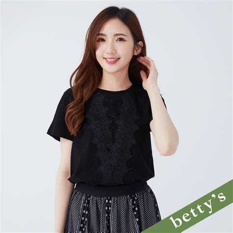 Bettys貝蒂思 圓領蕾絲短袖上衣黑色 襯衫 Yahoo奇摩購物中心