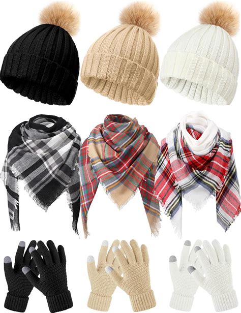 Suhine 9 Pcs Women Knit Hat Plaid Scarf And Touch Screen Gloves Set