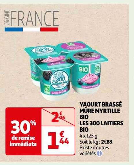 Promo Yaourt Brassé Mûr Myrtille Bio Les 300 Laitiers Bio chez Auchan