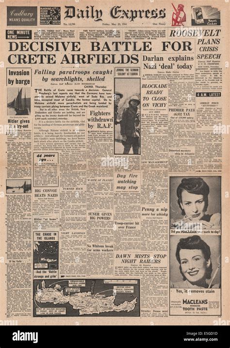 1941 Daily Express Front Page Reporting The Battle Of Crete Stock Photo