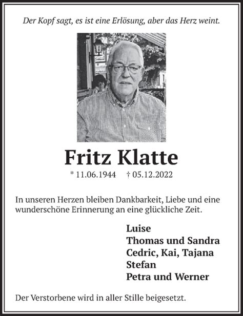 Traueranzeigen Von Fritz Klatte Wirtrauern